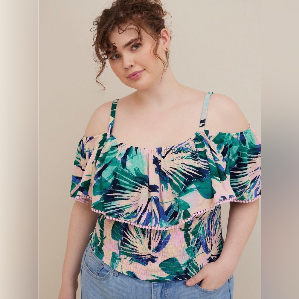 Torrid | Crinkle Gauze Cold Shoulder Ruffle Top | Floral Taupe | 2X